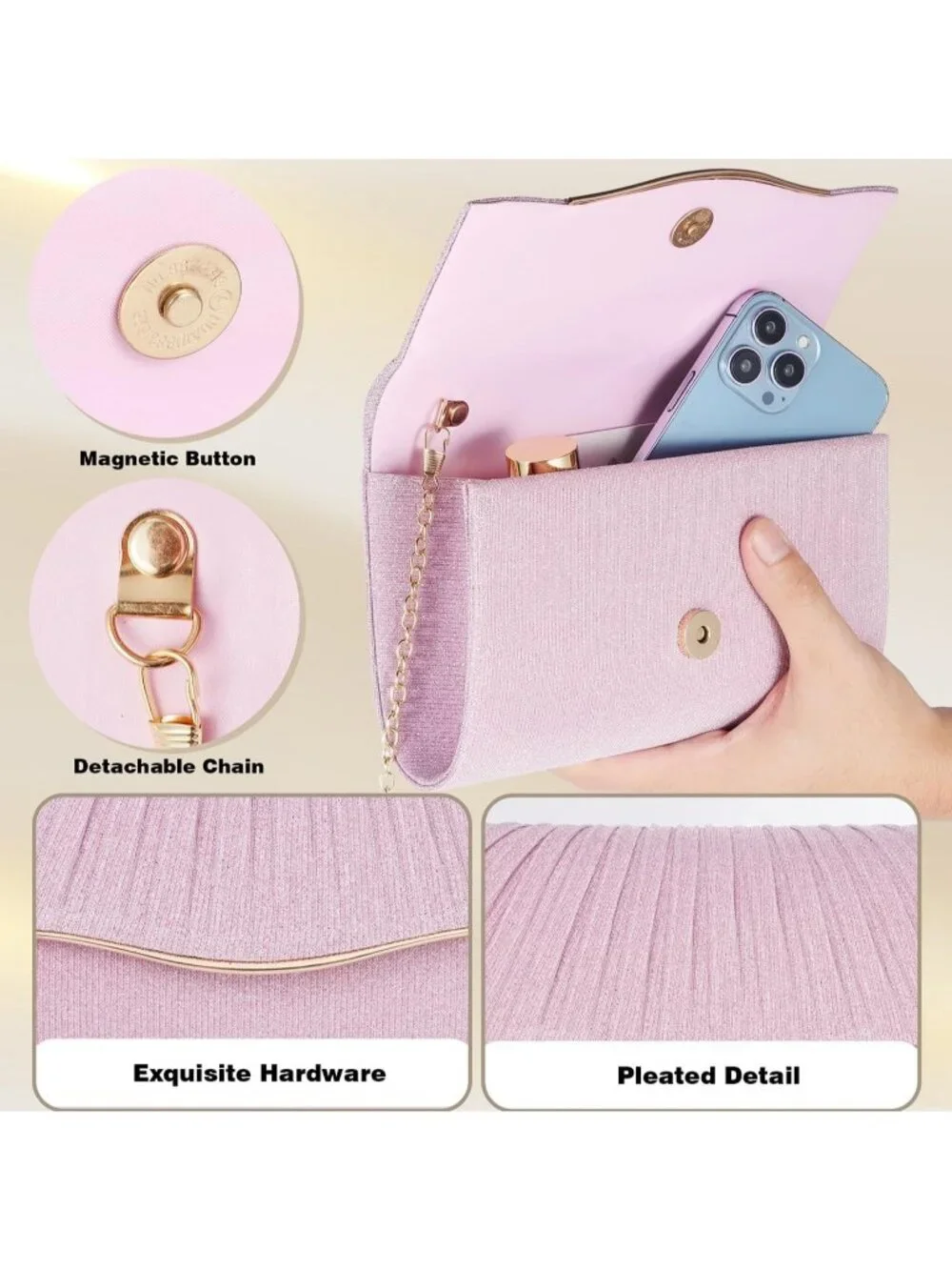 Women's Pink Elegant Evening Clutch Purse For Wedding Prom Party Crossbody Bag